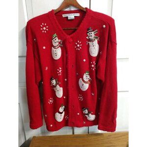 Vintage Victoria Jones Red Cardigan With Snowman Beaded Design Womens L